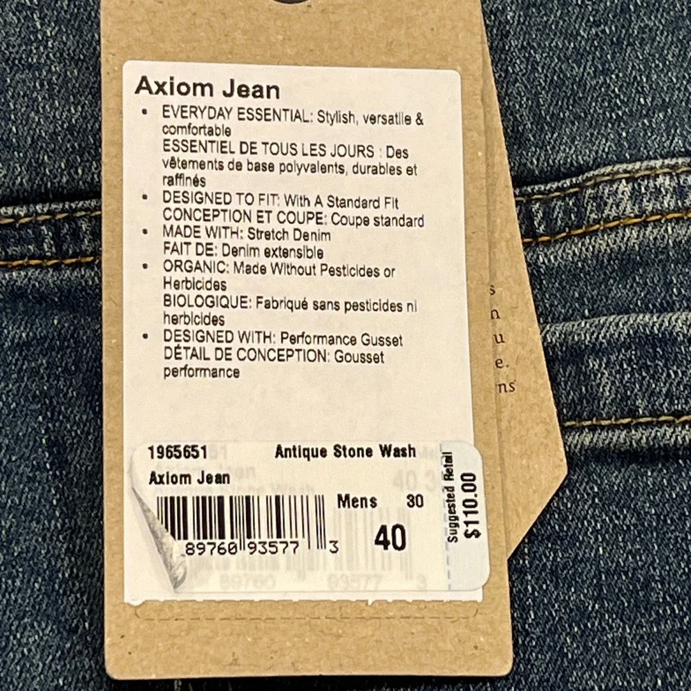 Prana NEW Axiom Jeans Mens 40 x30 Blue Denim Straight Leg Organic Cotton Stretch